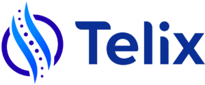 Blue text reading "Telix" with a navy blue and royal blue wavy line with dots down the center in a navy blue circle to the left of the word