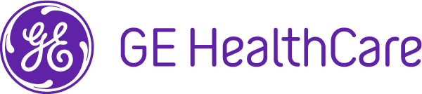 Cursive GE letters in a purple circle with text "GE Healthcare" in purple to the right